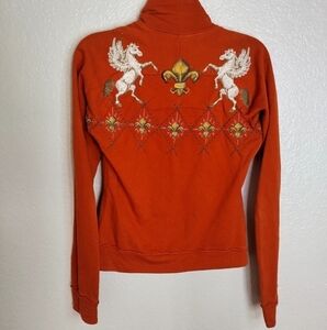 Johnny Was orange full zip Y2K embroidered horses fluer des lis cardigan sz S